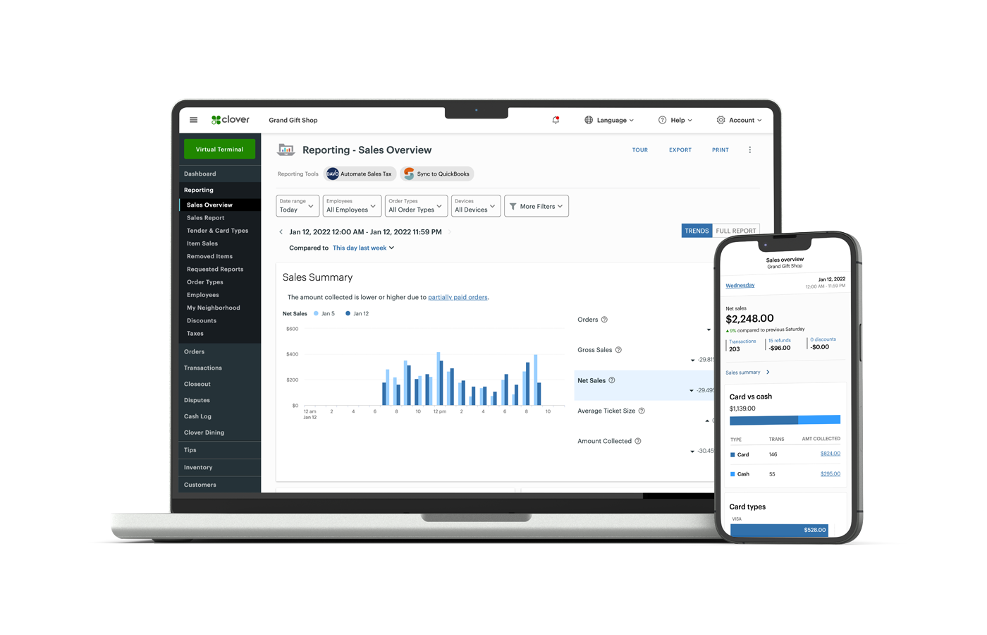 Clover web dashboard on laptop and phone